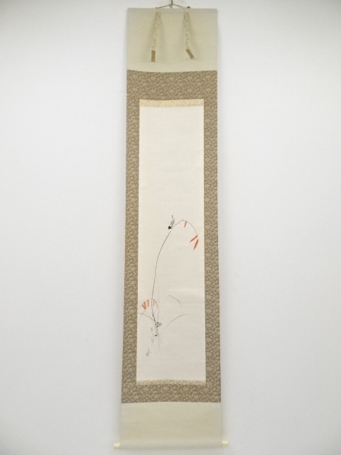 丹羽玉邦筆　秋郊小禽図　肉筆紙本掛軸（共箱）